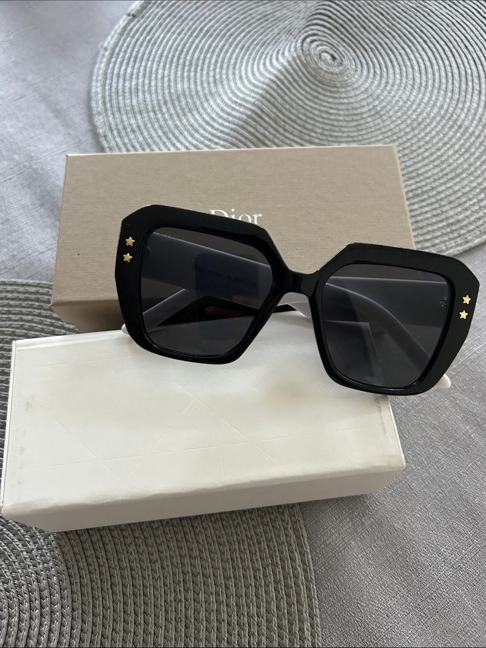 Dior Black Oversized Hexagonal Sunglasses with Gold Star Accents